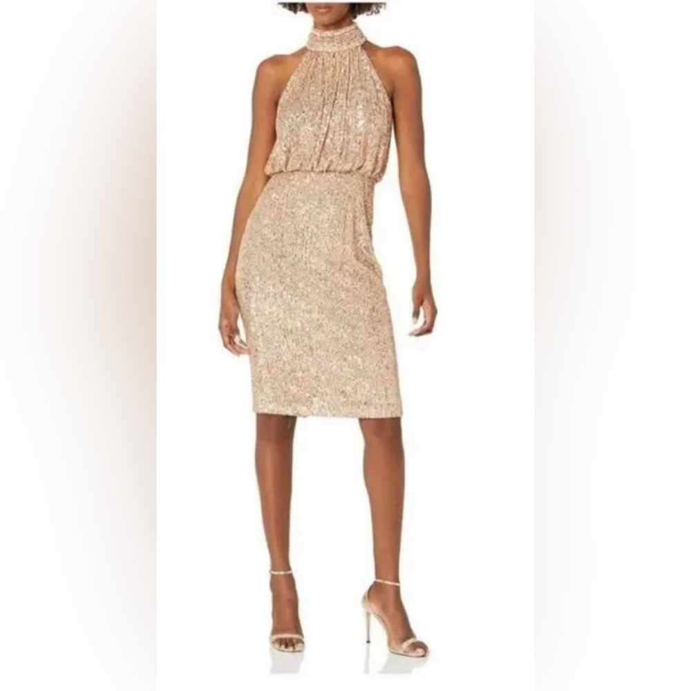NWT Eliza J Sequin  Cocktail Dress Sleeveless Champagne Silver Gold Size 8